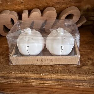 Rae Dunn White Ceramic Pumpkin Salt & Pepper Set with Black Accents NWT